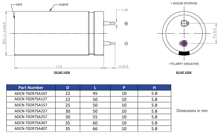 Mechanical Drawing - Abracon ADCN-T02R7S Snap-in Supercapacitors